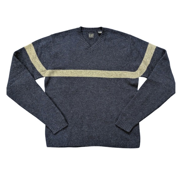 GAP Other - Y2K Gap Mens V-Neck Sweater M Navy Blue 100% Lambswool Stripe Vintage Pullover